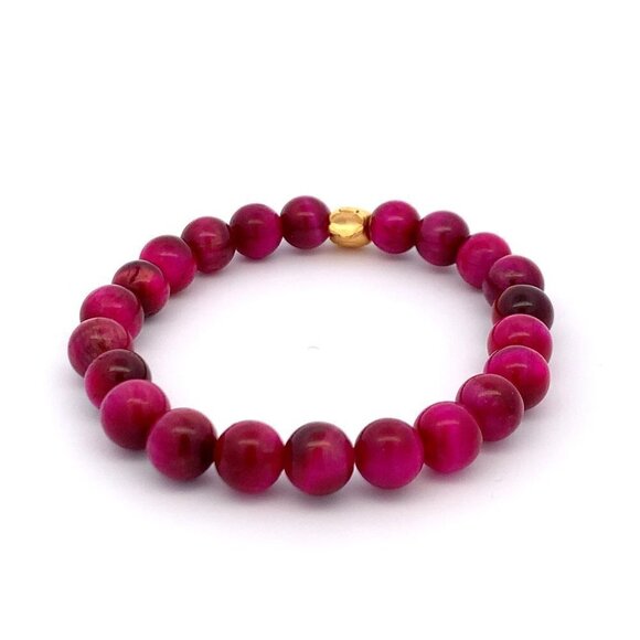 Dyed Tiger's Eye Magenta Stretchable Bracelet Size 6 with 24K Gold Money Bag - Picture 2 of 8